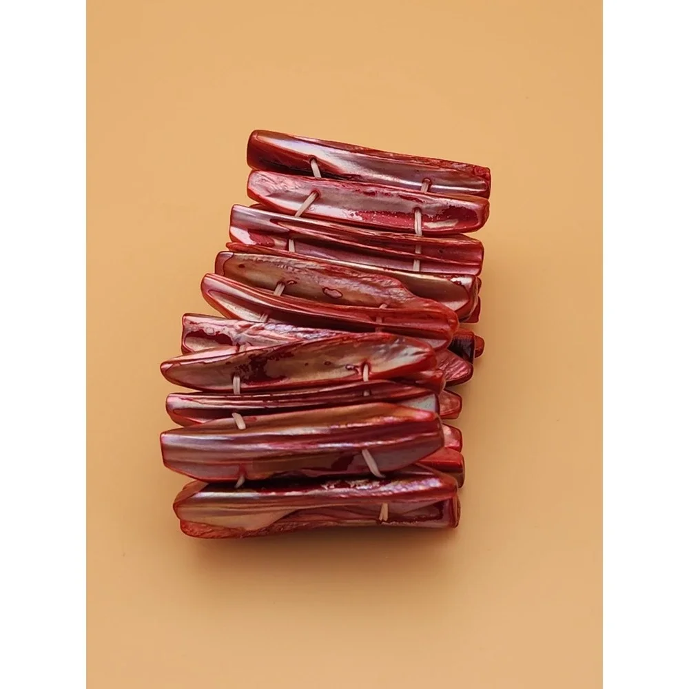 Vtg Gorgeous Red Pink Natural Abolone Shell Wide Stretchy Bracelet FREE $HIPPING